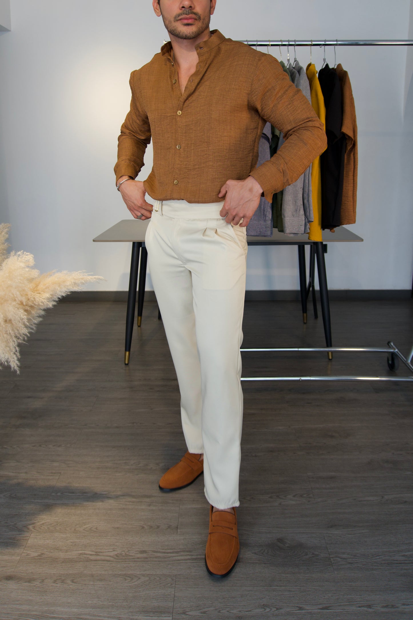 Camisa Terracotta | Cuello Mao (Marrón Ocre) — Sangre & Lino M/L