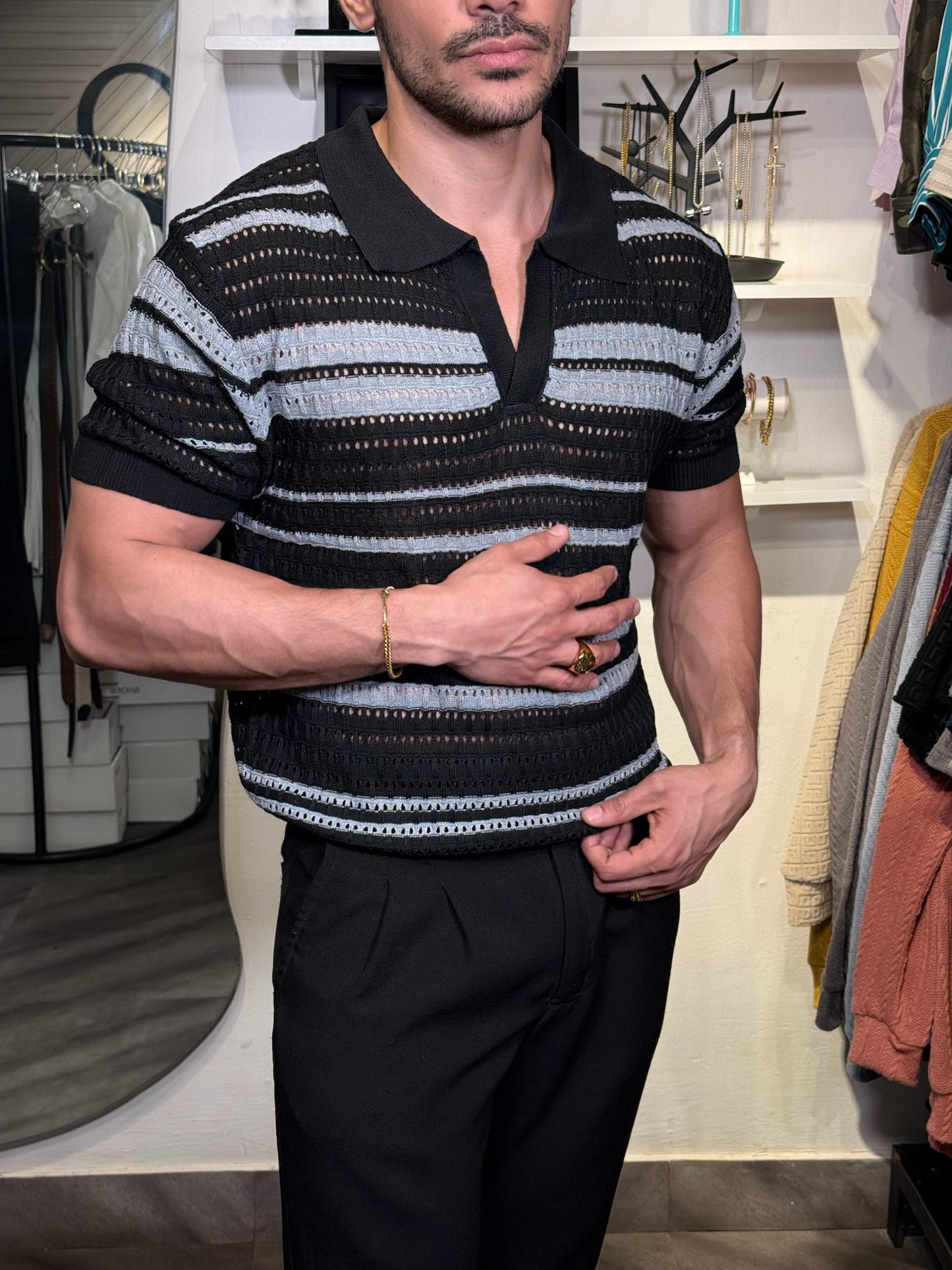 Polo “Oxford Stripes Knit” – Negro