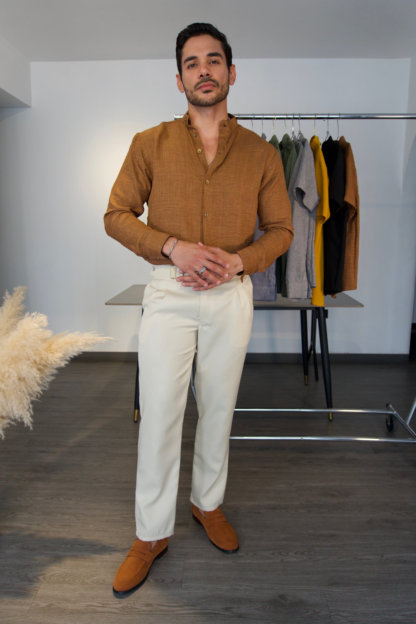 Camisa Terracotta | Cuello Mao (Marrón Ocre) — Sangre & Lino M/L