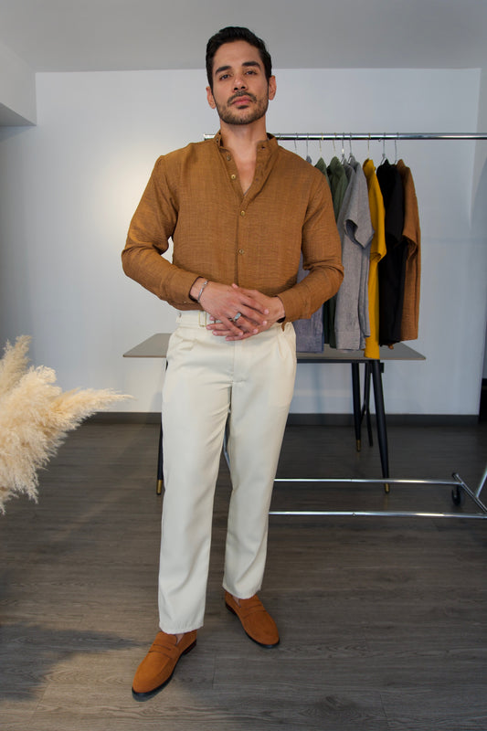 Camisa Terracotta | Cuello Mao (Marrón Ocre) — Sangre & Lino M/L