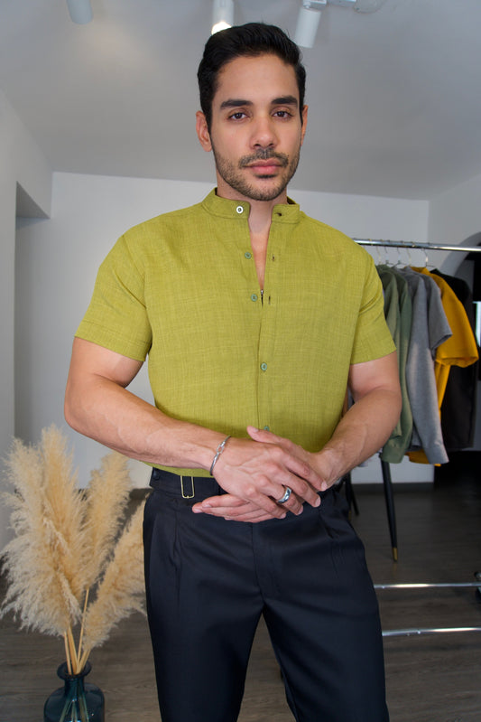 Camisa Pistacchio | Lino Cuello Mao (Verde Pistacho) — Sangre & Lino