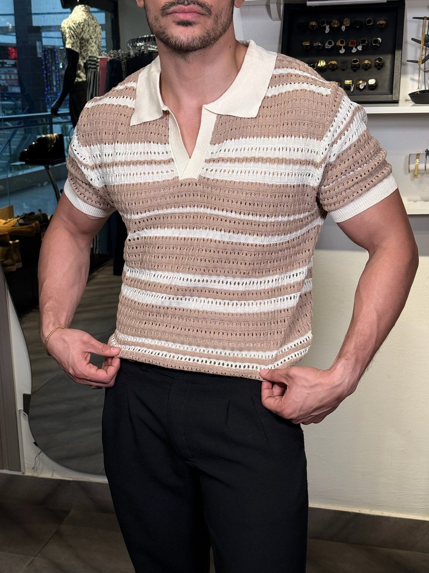 Polo “Oxford Stripes Knit” – Beige