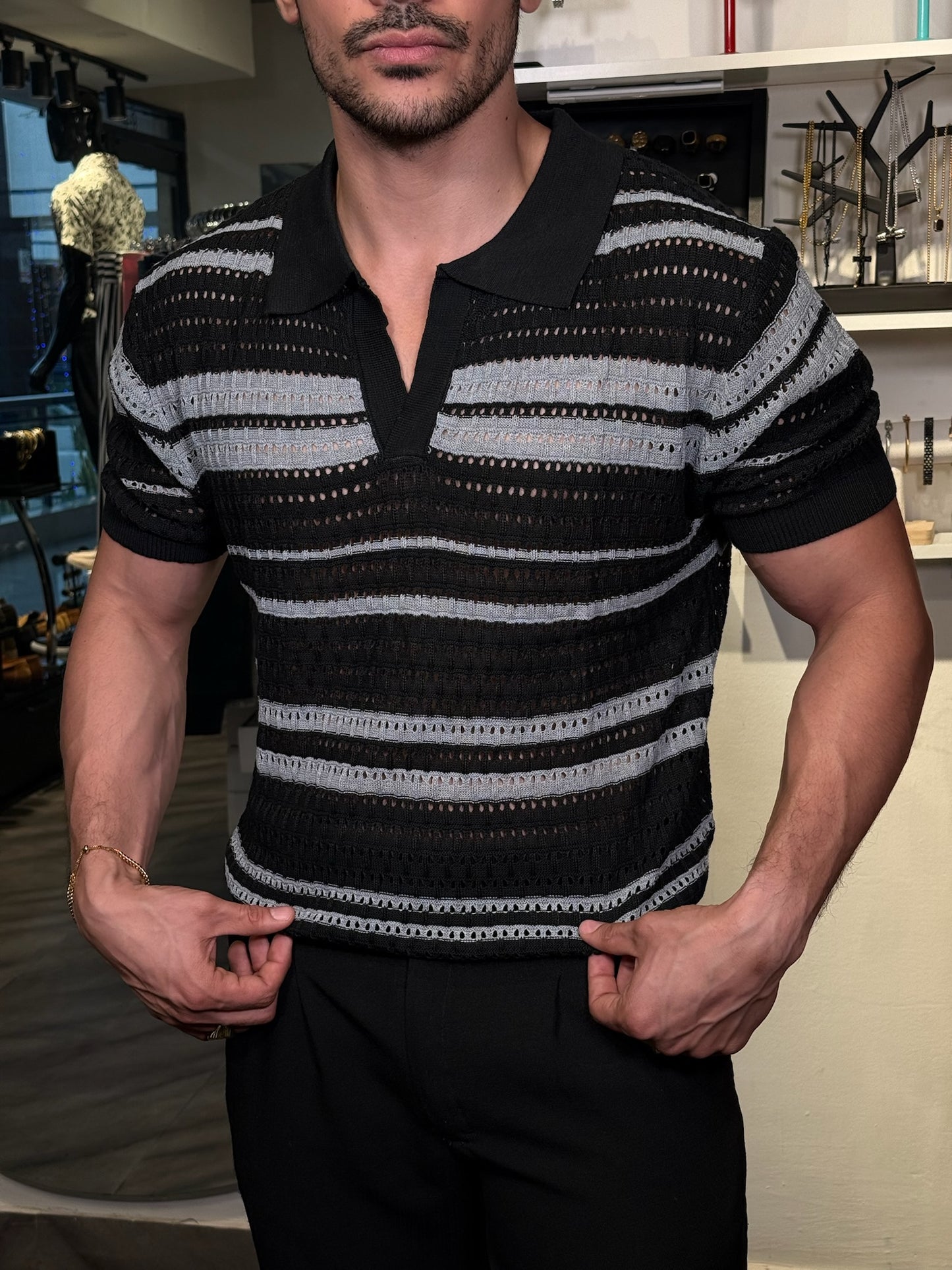 Polo “Oxford Stripes Knit” – Negro