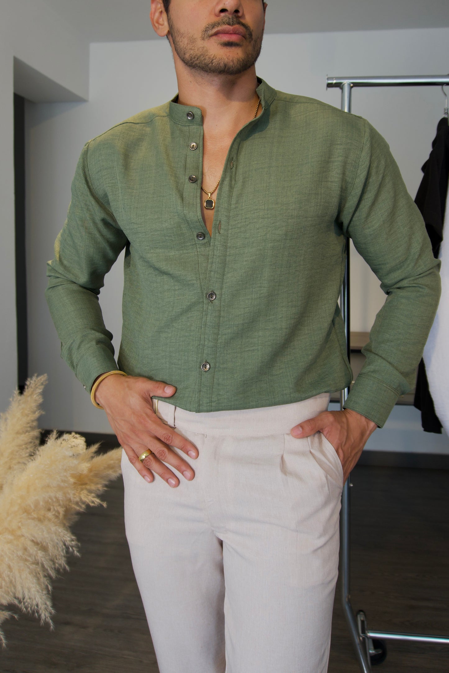 Camisa Pistacchio | Cuello Mao (Verde Pistacho) — Sangre & Lino M/L