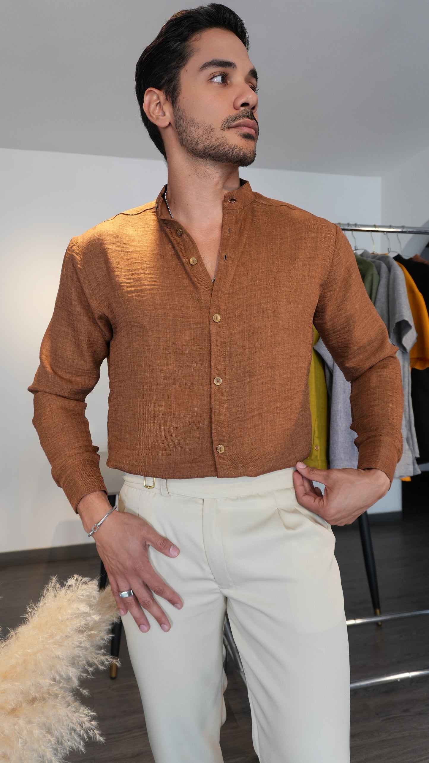 Camisa Terracotta | Cuello Mao (Marrón Ocre) — Sangre & Lino M/L