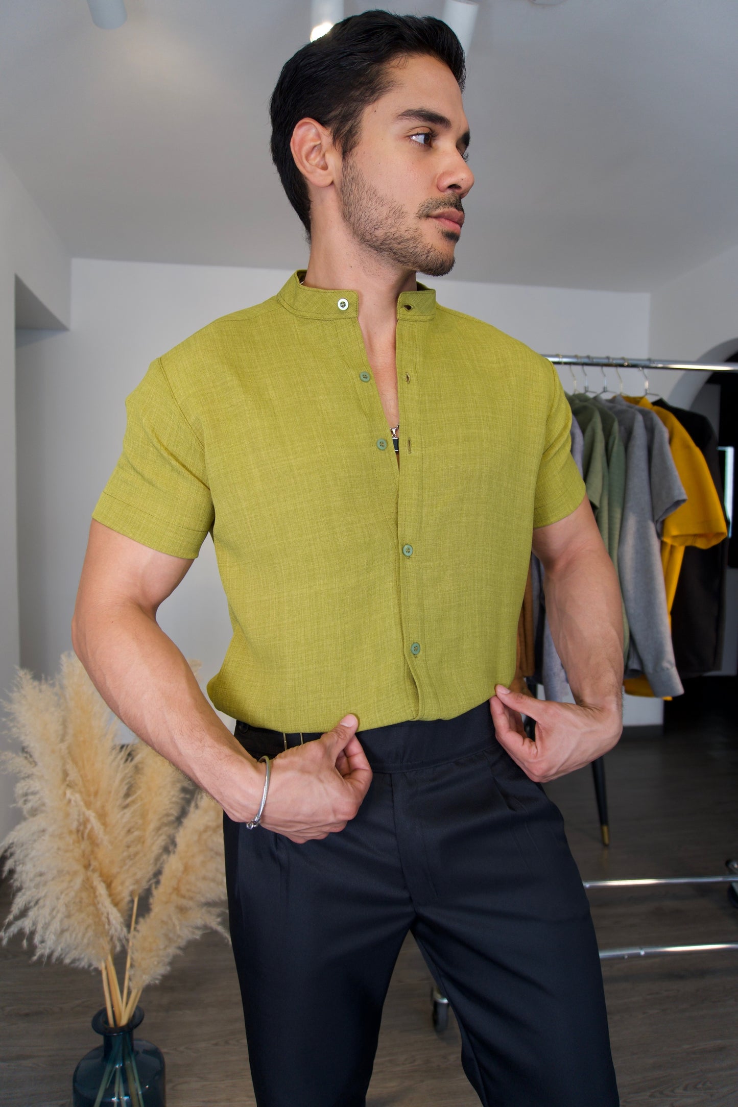 Camisa Pistacchio | Lino Cuello Mao (Verde Pistacho) — Sangre & Lino